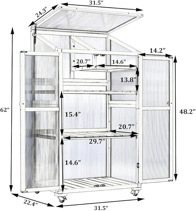 Sturdy Wooden Greenhouse for Balcony or Backyard Use with Rolling Wheels and Adjustable Shelving for Plant Growing (Green + Solid Wood + Wood)