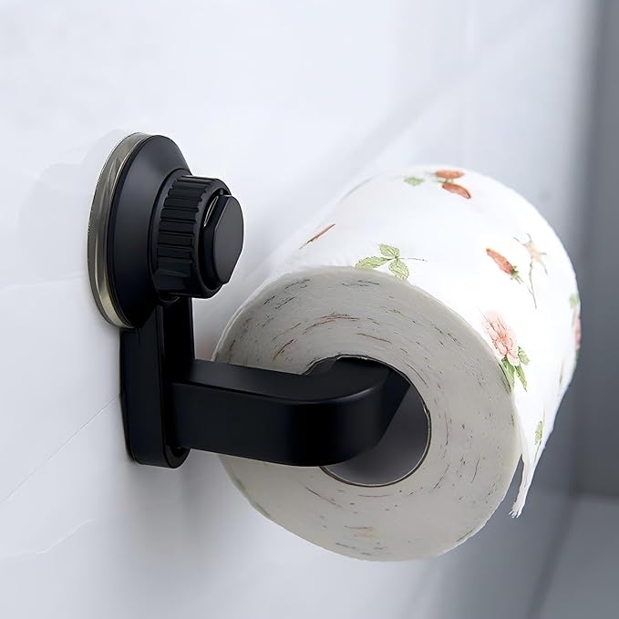 Suction Cup Toilet Paper Holder Wall Mount, Matte Black ABS Tissue Roll Dispenser, No-Drill Self-Adhesive Paper Towel Rack for Bathroom, Kitchen & Laundry Room with Strong Vacuum Grip