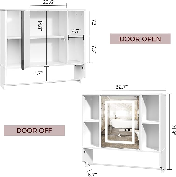 Bathroom Wall Cabinet with Mirror, Wall Mounted Medicine Cabinet with Color Adjustment LED Lights, Mirrored Over The Toilet Storage Cabinet with Adjustable Shelves, 23.6''W x 21.6''H, White