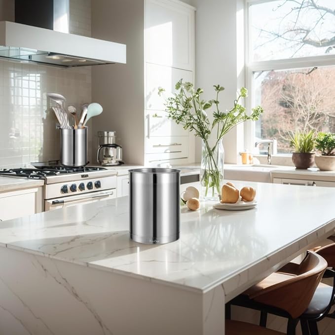 KSENDALO 3 Pack Stainless Steel Utensil Holder for Counter, Brushed Silver Metal Utensil Crock Canister with Heavy Base, Dishwasher Safe, for Kitchen Countertop Storage