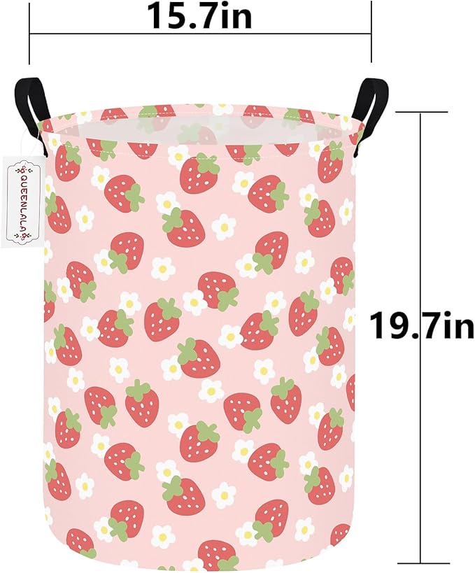 QUEENLALA Large Storage Basket,Laundry Hamper/Bathroom/Home Decor/Collapsible Round Storage Bin,Boys and Girls Hamper/Boxes/Clothing(Round-Pink Strawberry)