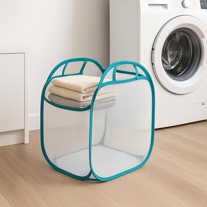 White Mesh Pop-Up Laundry Basket, 21" x 13" x 15.5" – Collapsible Clothes Hamper with Handles, Lightweight Foldable Laundry Bin for Bedroom, Bathroom, Dorm and Laundry Room