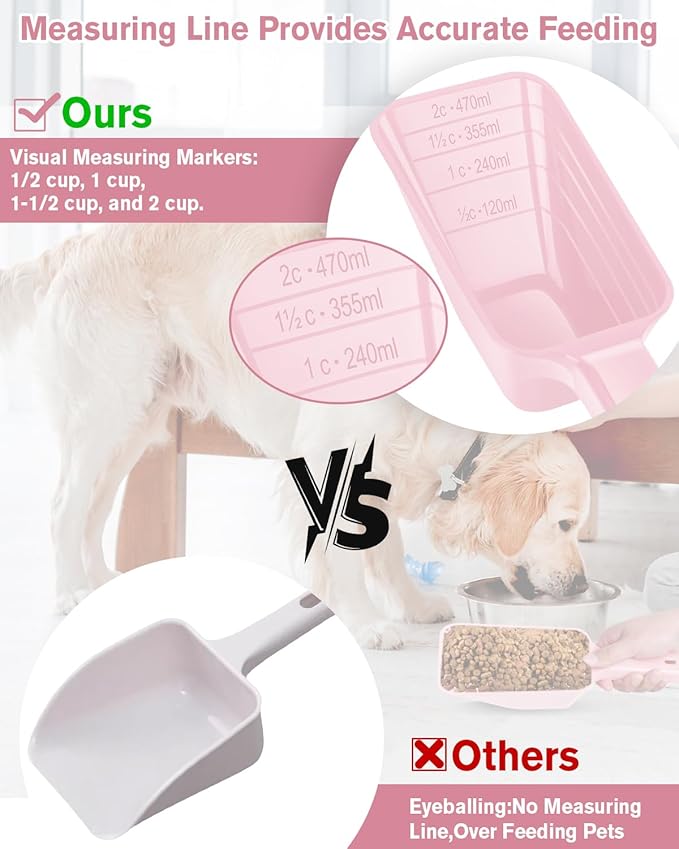 2 Cup Dog Food Scoop(2 Pack), Plastic Pet Food Scoop with Measuring Lines for Accurate Pet Food Portions,Dishwasher Safe (Grey and Pink)