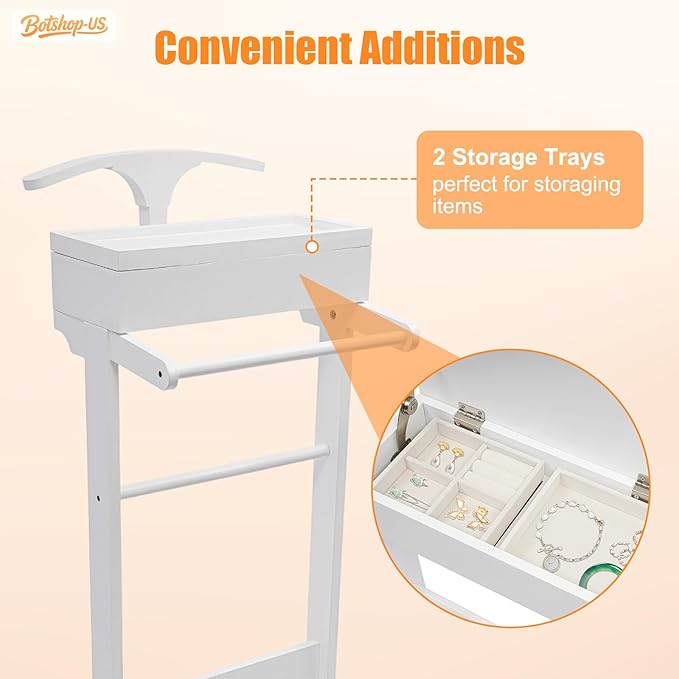 Gdrasuya10 Wood Suit Rack Suit Stand for Man and Women Clothes, Freestanding Valet Stands with Drawer & Holder for Entryway Office Living Room, 22 lbs Load, Space Saving (White)