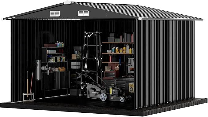 COMHOMA Shed Outdoor Storage Shed Metal,Lockable Doors Tool Sheds with Sloping Roof,Steel Garden Shed with Air Vent for Backyard,Patio,Lawn,Poolside(Grey,10'x12')