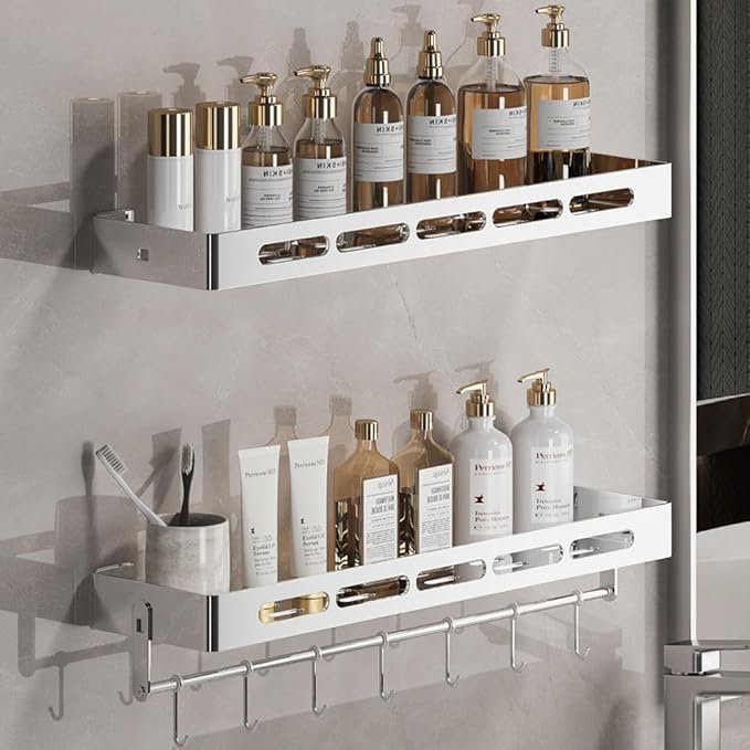 2-Tier Floating Shelf with Removable Hooks, 23.6 inches, Stainless Steel Wall Mounted Bathroom Shelves，Polishing