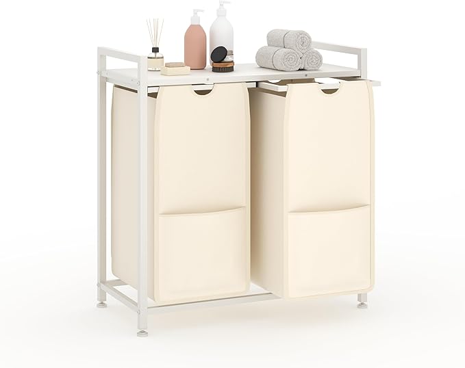 Laundry Sorter, Freestanding White Hamper Basket, 2 Section Organizers and Storage, Pull-Out Fabric Bags, 100lb Capacity MDF Shelf, Metal Frame, 48L Bags, 26.8x13x28.5 Inch