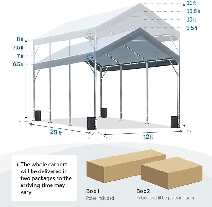 ADVANCE OUTDOOR 12x20 ft Canopy Garage Heavy Duty Carport Car Boat Shelter Party Tent, Adjustable Peak Height from 9.5ft to 11ft, Gray