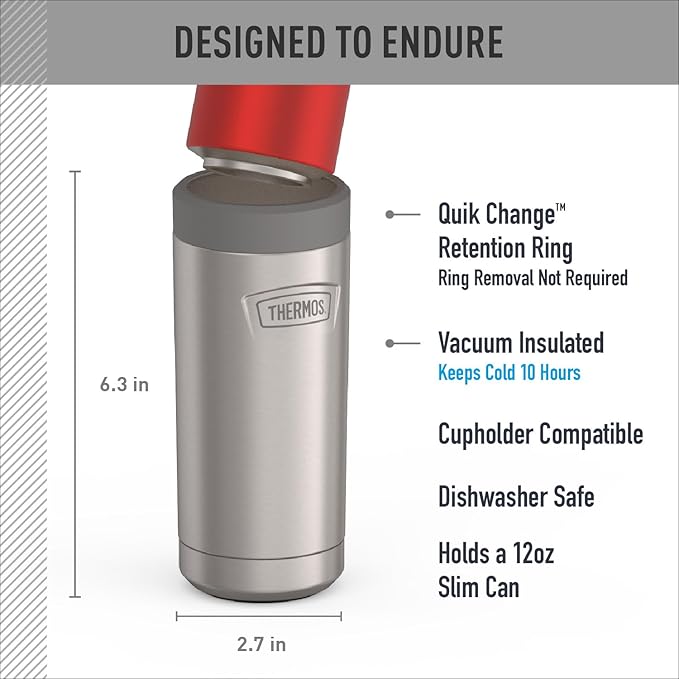 THERMOS ICON SERIES, Slim Beverage Can Insulator - 12 Ounce, Matte Stainless Steel - Vacuum Insulated