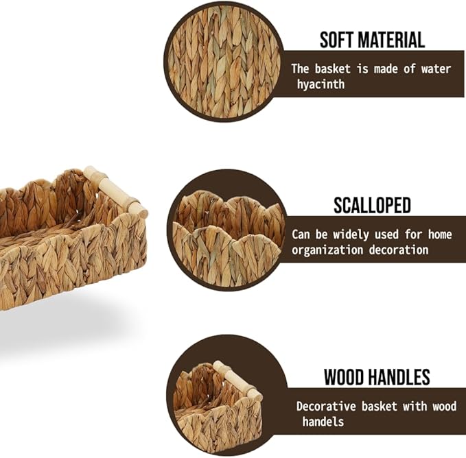 Scalloped Edge Wicker Basket with Wooden Handles, Water Hyacinth Bathroom Counter Organizer for Vanity, Shelves & Coffee Table, Decorative Storage – 14" x 6.3" x 3.9"