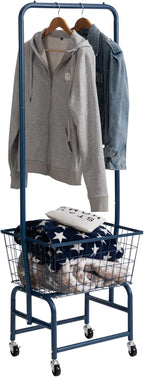 ALIMORDEN Laundry Cart with Clothes Rack, Rolling Laundry Butler with Wire Storage Rack，Navy Blue