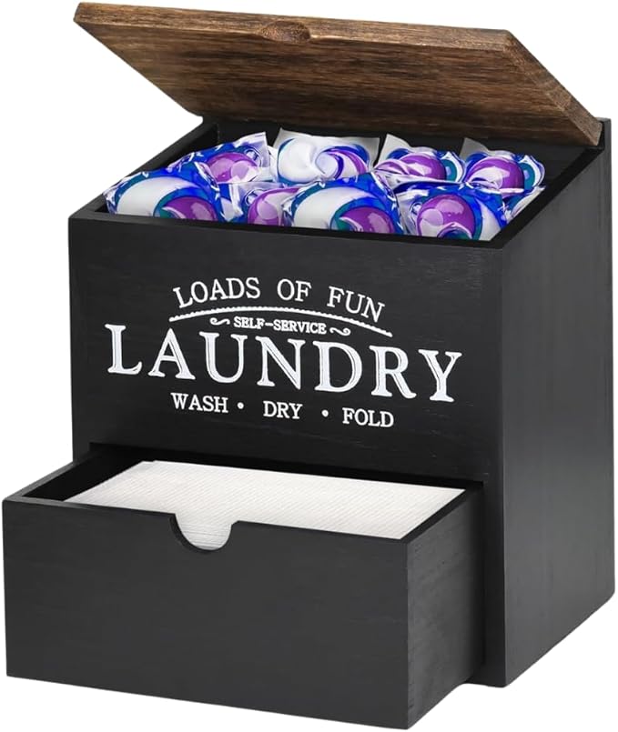 Wooden Laundry Pods Container - Multi-Use Laundry Containers for Organizing - Laundry Pod Dispenser - Detergent Pods & Dryer Sheet Container (Black)