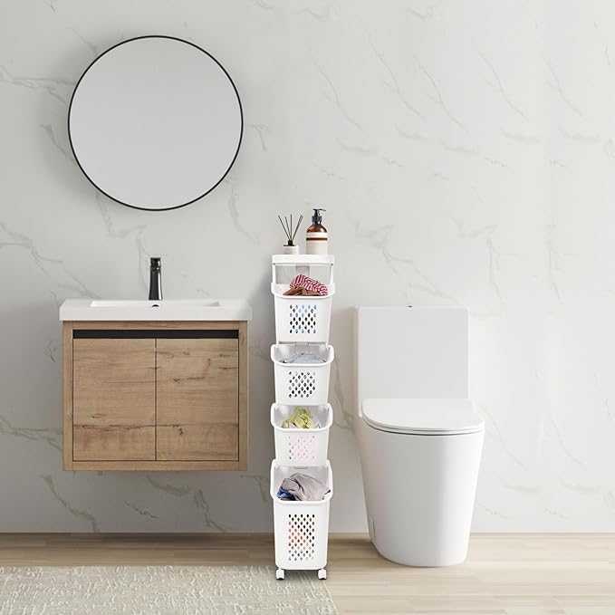 Tiered Laundry Storage Organizer Tiered Laundry Hamper Sorter Bathroom Laundry Basket with Wheels Removable Plastic Storage Basket for Kitchen (4-Tier)