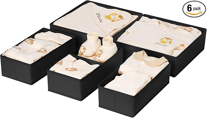 DIMJ Drawer Organizer Clothes 6 Pack - Foldable Baby & Nursery Organization Dresser Dividers for Bedroom, Closet - Black