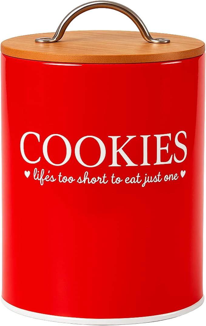 D'Lifeful Farmhouse Airtight Cookie Jar with Bamboo Lid - Kitchen Counter Storage Container for Cookies or even Candy (Red, Small Size (6.5" x 5.25"))