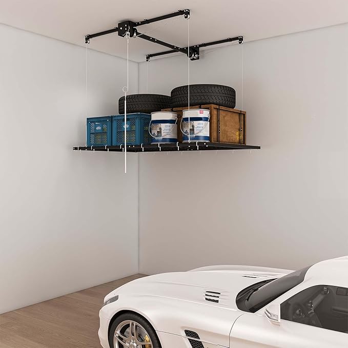 4x8 FT Overhead Garage Storage Rack for Ceilings, Heavy-Duty Metal Adjustable Ceiling Storage Racks with Safety Lock, 270LBS Mounted Rack, All-Steel Garage Organizer (4x8 FT)