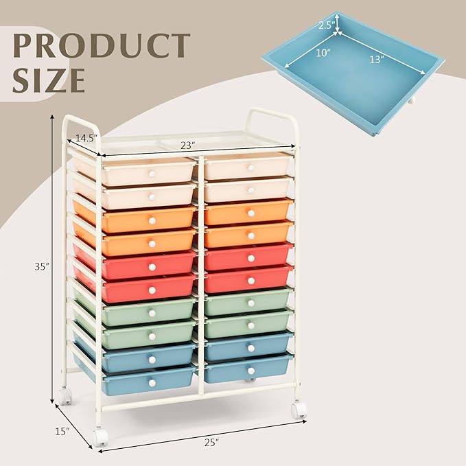 GOFLAME 20-Drawer Rolling Storage Cart, Multifunctional Art Craft Organizer Cart, Mobile Utility Storage Cart with Removable Drawers & Lockable Wheels, Craft Cart for Home Office School, Macaron Color