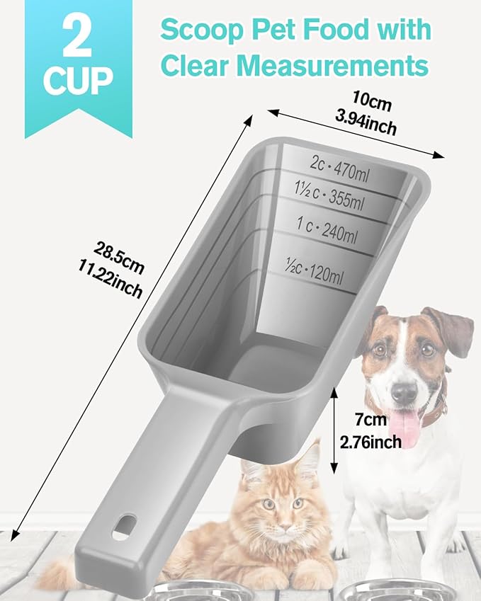 2 Cup Dog Food Scoop(2 Pack), Plastic Pet Food Scoop with Measuring Lines for Accurate Pet Food Portions,Dishwasher Safe (Grey and Pink)