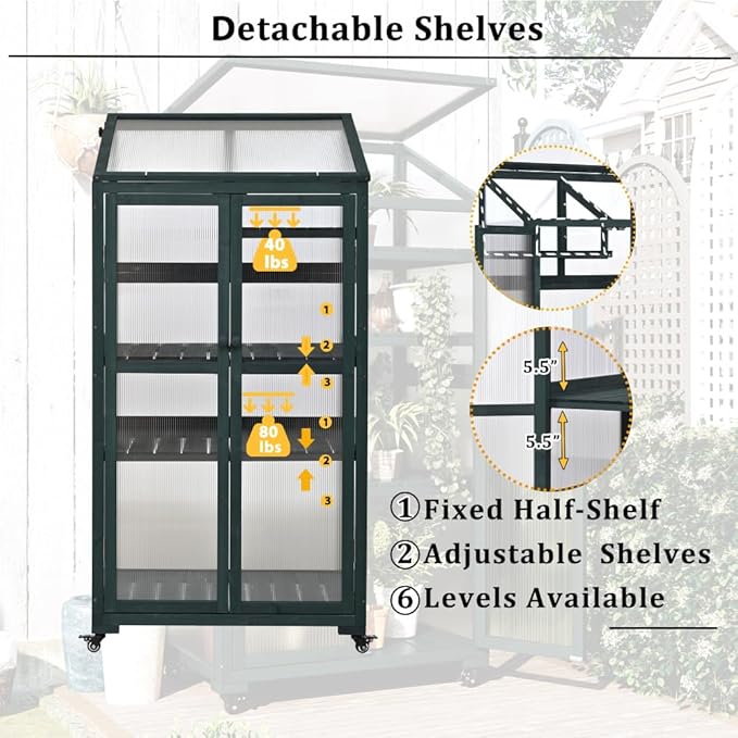 Sturdy Wooden Greenhouse for Balcony or Backyard Use with Rolling Wheels and Adjustable Shelving for Plant Growing (Green + Solid Wood + Wood)