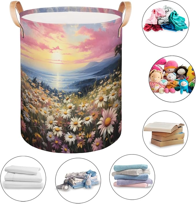 Spring Daisy Floral Collapsible Laundry Basket Large Laundry Hamper Waterproof Foldable Storage Bins Laundry Basket with Leather Handles Clothes Nursery Hampers