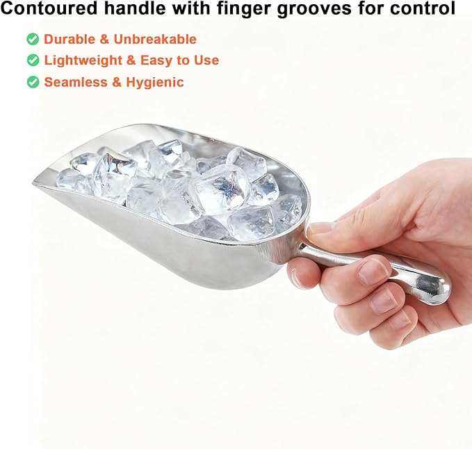 6 OZ Cast Aluminum Utility Scoop, One-Piece Solid Ice Scoop for Ice Bucket, Bar, Kitchen, Multipurpose Food Scooper for Flour, Sugar, Popcorn, Dog Food (Silver) (6OZ)