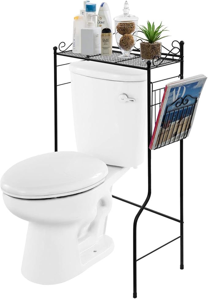MyGift Over The Toilet Standing Shelf Storage with Magazine Basket, Freestanding Bathroom Space Saver Organizer Rack, Black Metal Vintage Scrollwork Accents