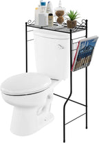 MyGift Over The Toilet Standing Shelf Storage with Magazine Basket, Freestanding Bathroom Space Saver Organizer Rack, Black Metal Vintage Scrollwork Accents