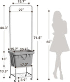 ELYKEN Laundry Cart with Hanging Rack, Rolling Laundry Hamper with Wheels, Laundry Basket with Removable Liner Bag and Shelf, Sturdy Metal Frame Dirty Clothes Basket for Hotel, Home, Closet, Dorm