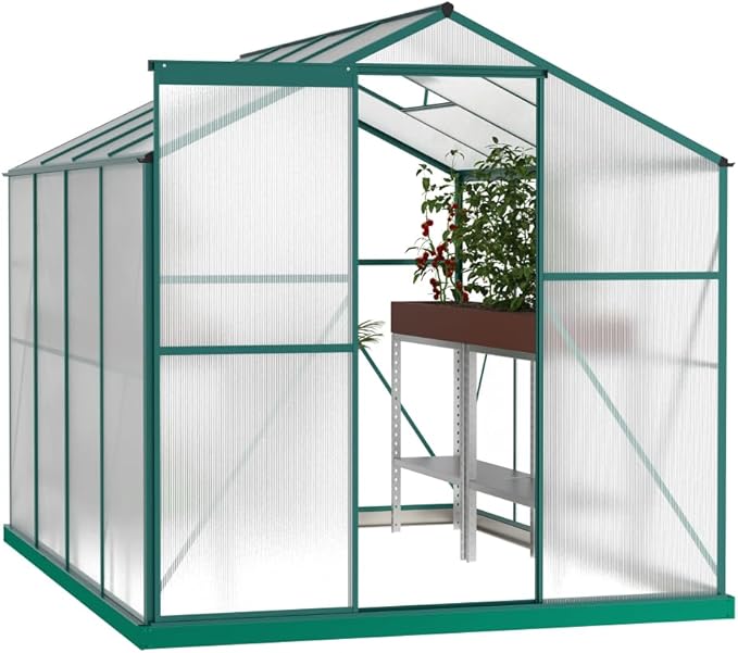 Outdoor Polycarbonate Greenhouse with Aluminum Frame, Walk-in Garden Green House Featuring Lockable Door, Adjustable Roof Vent, and UV-Protected Panels for Backyard or Patio Use (6x8 FT-1)