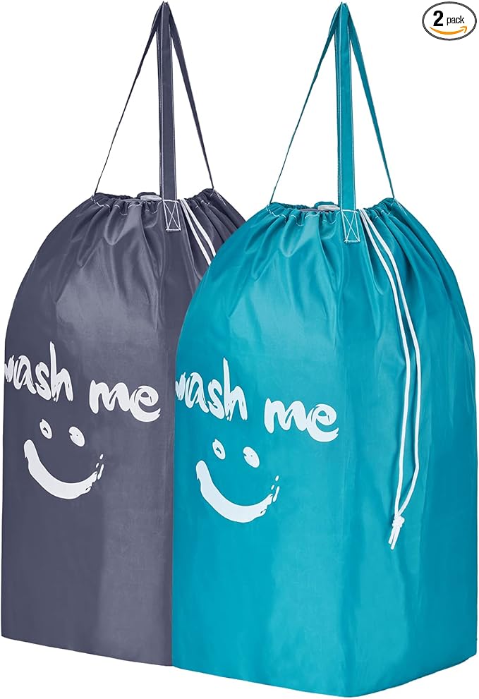 HOMEST 2 Pack Wash Me Travel Laundry Bag with Handles, Square Base Can Carry Up to 3 Loads of Clothes, Dirty Garments Storage with Drawstring Closure,Light Blue and Grey