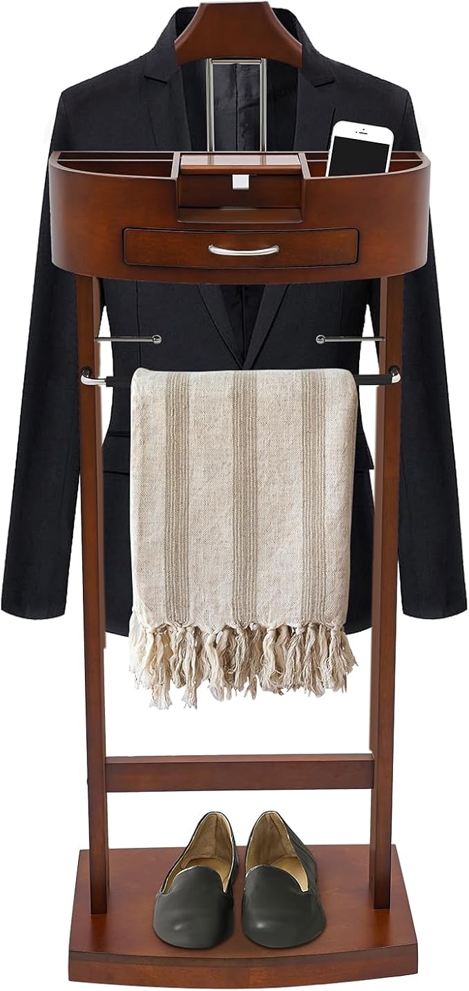 Wood Suit Rack, Freestanding Clothing Valet Stand, Wood Suit Valet Stand Clothes Rack with Tray and Drawer for Hats, Scarves, Bags, and Clothes for Bedroom, Living Room, Hallway, Apartment
