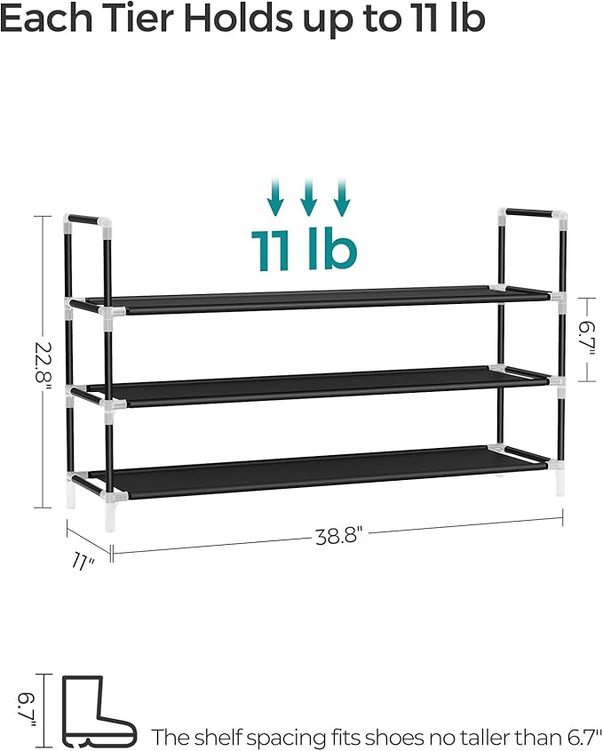 SONGMICS 3-Tier Shoe Rack, Shoe Storage for Hallway Closet, Slim and Space-Saving, Metal Frame, Non-Woven Fabric Shelves, Black ULSH053B01
