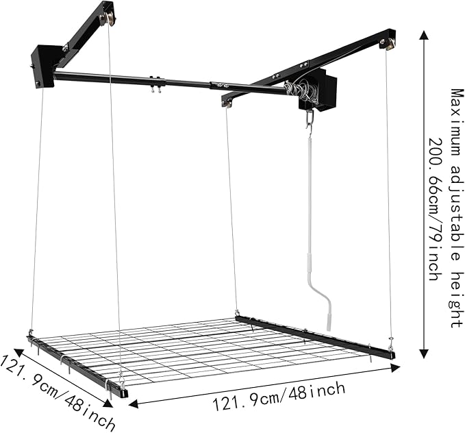 Overhead Garage Storage Rack Metal Garage Ceiling Storage Rack Ceiling Shelf Overhead Organization 300lbs Load Bearing Capacity Max Adjustable Height: 79in (48 * 48in L*W, Matte Black)