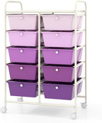 Giantex 10 Drawers Rolling Cart, Classroom Organizers, Storage Cart with Wheels, for Teacher Office Home School Supplies Tool Craft Art Paper, Purple Gradient