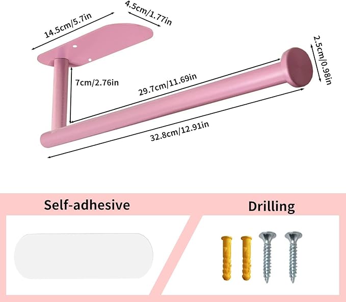 YeeBeny Pink Paper Towel Holder - Self Adhesive or Drilling, Under Cabinet or Wall Mounted