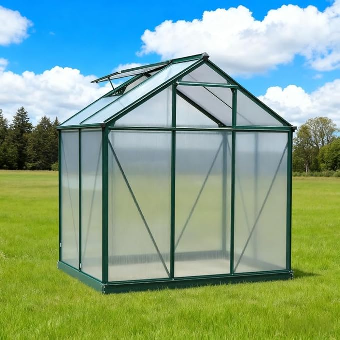 Aluminum Greenhouse with Polycarbonate Panels, Walk-in Garden Greenhouse for Outdoor Plant Growing, Durable Structure for Year-Round Gardening (Multi + Particle Board+MDF)