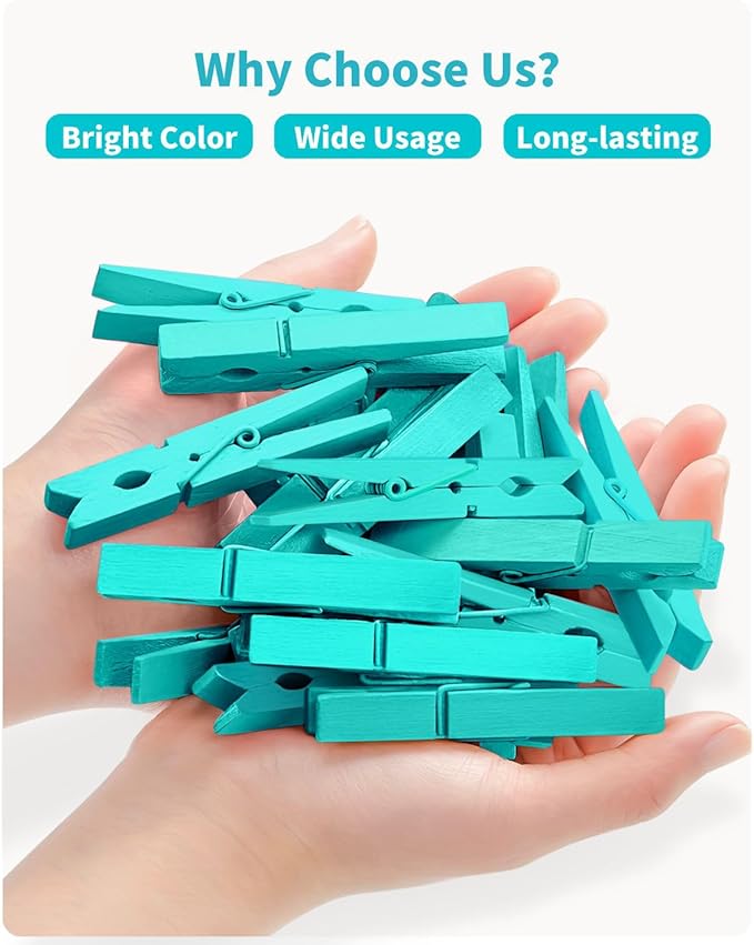 Colored Clothespins, Colorful Clothes Pins Wooden Clips Rainbow Colors 50 Pack Decorative Crafts Pegs Photos Pictures Decoration Clip Clothing Hanging Closepins, 2.9 Inch (Marine Aqua-Blue)