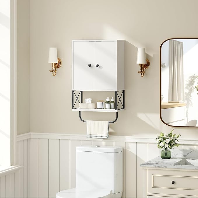 Bathroom Wall Cabinet with 2 Door and Adjustable Shelf, Farmhouse Medicine Cabinet with Towel Rack, 3-Tier Wall Mounted Storage Cabinet Over The Toilet for Bathroom Laundry Room, White