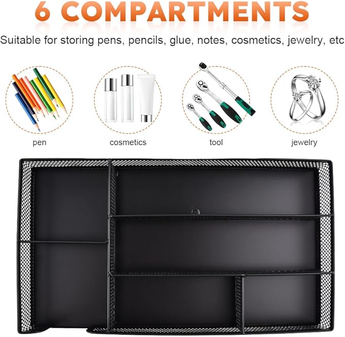 Desk Drawer Organizer, Office Metal Mesh Drawer Divider Organizer Tray with 6 Compartments, Pen Organizer for Desk Drawers Tray Desktop Accessories(COLOR:Black)