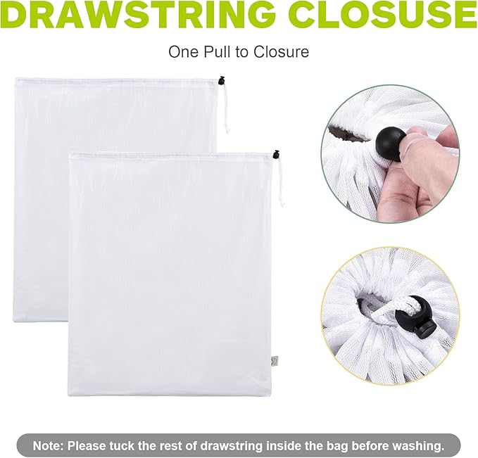 OTraki 2 Pack Mesh Laundry Bag 20x24 Inch Heavy Duty Laundry Fine Mesh Bags Dirty Clothes Drawstring Laundry Wash Bag Delicates Net Storage Travel Bag Don't Drying, Melting 140-176℉ White