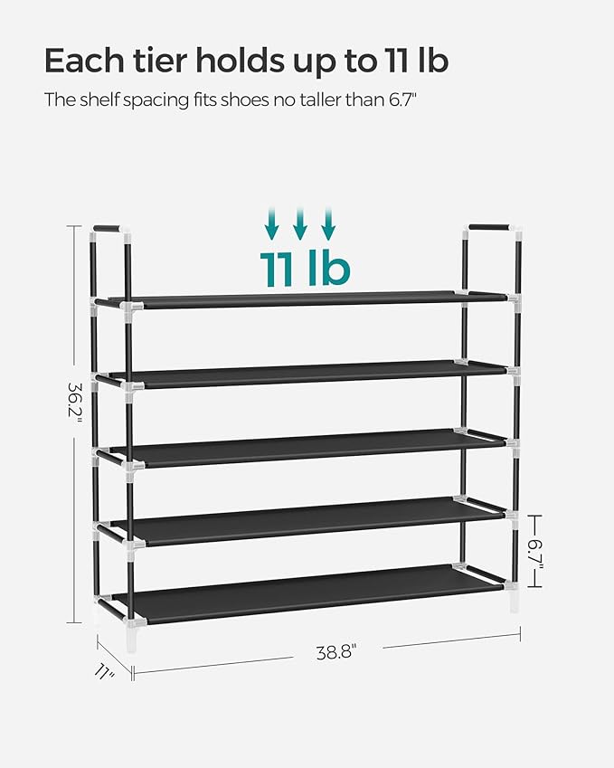SONGMICS 5-Tier Shoe Rack, Shoe Storage for Hallway Closet, Slim and Space-Saving, Metal Frame, Non-Woven Fabric Shelves, Black ULSH55H