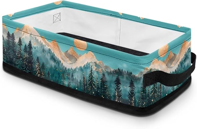 Storage Bins for Organizing Toiletries Foldable Organizer Rectangular Storage Basket for Bathroom Bedroom Office Home Accessories and Decor, Snow Mountain Moon Fir Tree Teal