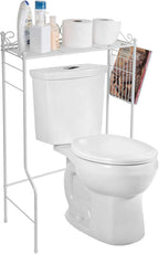 MyGift Over The Toilet Standing Shelf Storage with Magazine Basket, Freestanding Bathroom Space Saver Organizer Rack, White Metal Vintage Scrollwork Accents