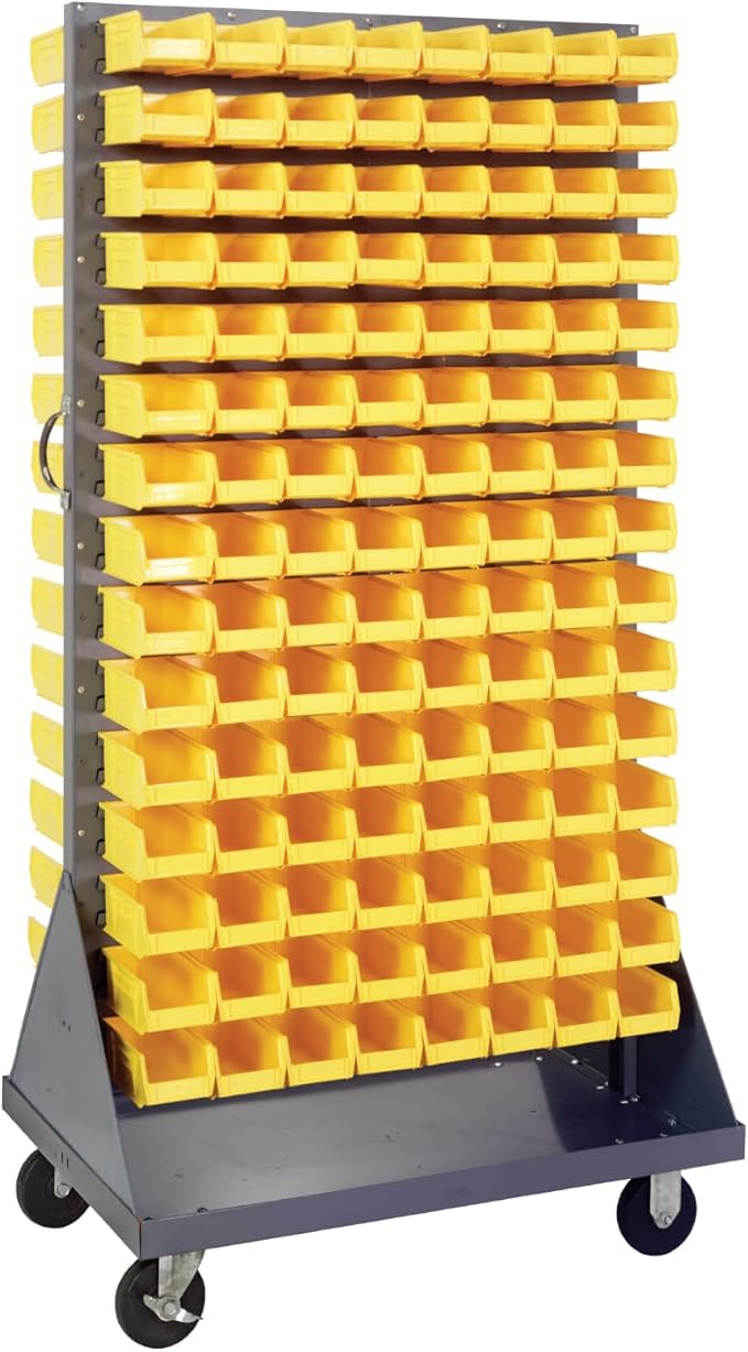 QUANTUM STORAGE SYSTEMS QMD-36H-220YL Solid Mobile Louvered Panel Double Sided Bins Bench Rack 60 Shelves 240 Ultra Stack & Hang Yellow Bins 72" H x 36" W x 25" D