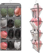 Dual Sided Hanging Shoe Organizer for Closet with Rotating Hanger Hanging Shoe Rack Holder with 24 Large Pockets (GREY-Clear Pockets)