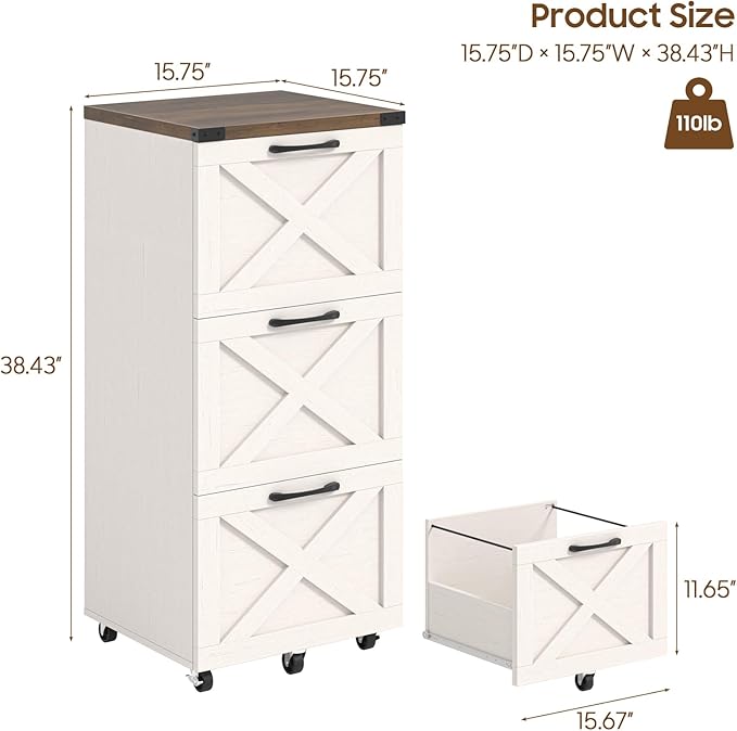 3 Drawer Tall File Cabinet with Wheels, Farmhouse Vertical Filing Cabinet Fits Letter/A4 Size, Rolling File Cabinets Wooden Printer Stand for Home Office, Rustic White