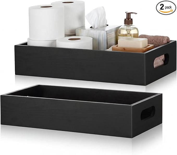 2 Pcs Bathroom Basket Wooden Toilet Tank Paper Basket with Handle Black Bathroom Decor Box Back of Toilet Storage Organizer for Bedroom Vanity Kitchen Countertop Dresser Shelf Decor
