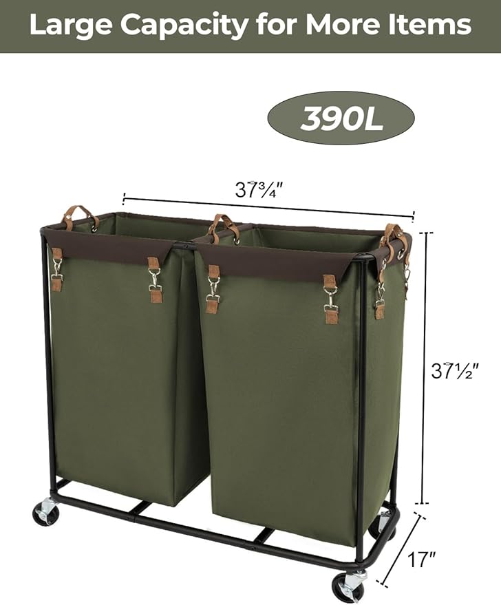 StorageWorks 390L Extra Large Laundry Hamper with Wheels, 2 Sections Laundry Basket with Wheels, Clothes Sorter Cart with Divider for Hotel, Home, Green, 37.75"L x 17"W x 37.5"H