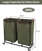 StorageWorks 390L Extra Large Laundry Hamper with Wheels, 2 Sections Laundry Basket with Wheels, Clothes Sorter Cart with Divider for Hotel, Home, Green, 37.75"L x 17"W x 37.5"H