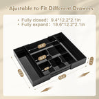 1 Pcs Acrylic Desk Drawer Organizer 9'' up to 18'' x 12'' x 2.1'' Expandable Drawer Organizer Trays with 8 Adjustable Compartments Black Desk Accessories for Makeup Office Bathroom
